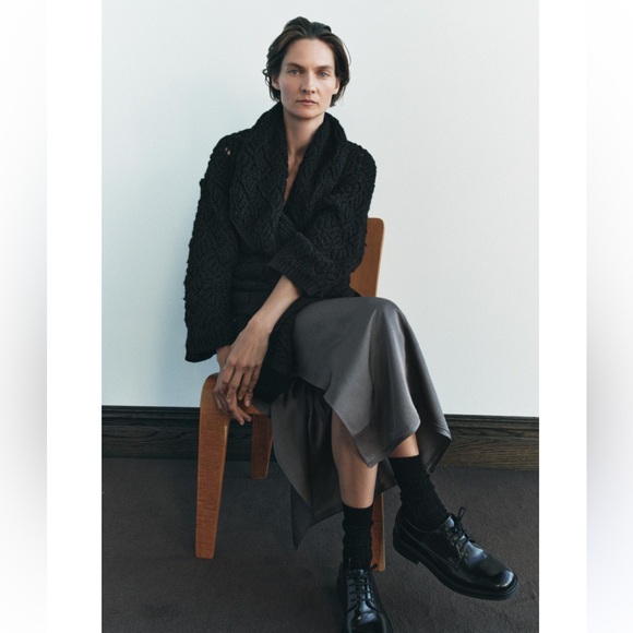 Zara Long Textured knit Coat With Wide Lapel Collar/Sleeves medium - Picture 3 of 16